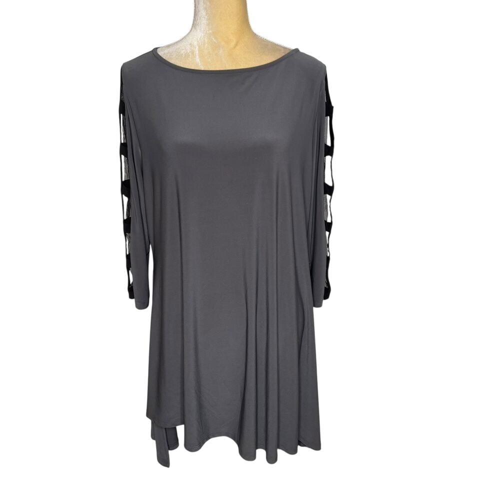 IC by Connie K Dark Gray Tunic Top Lattice Sleeves Size XL Boxy Lagenlook